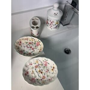 COMPLETE SET Vintage Old Foley James Kent Chinese Rose Floral Soap Dish Bathroom